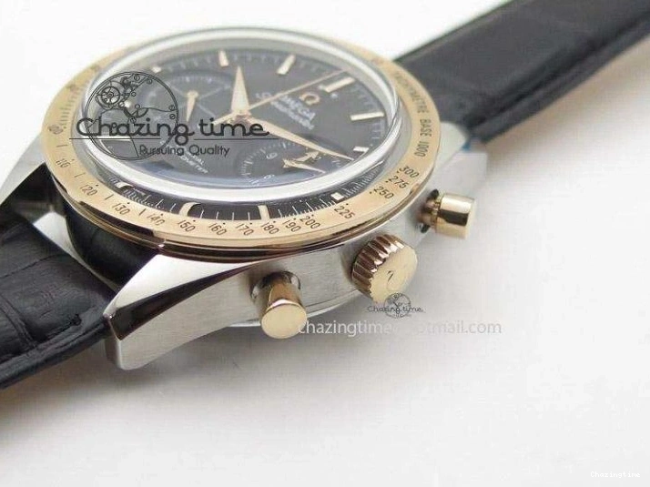0509 Trendsetting Speedmaster ’57 SS Chrono AXF Best Edition RG Bezel Black Dial on Black Leather Strap A 8283